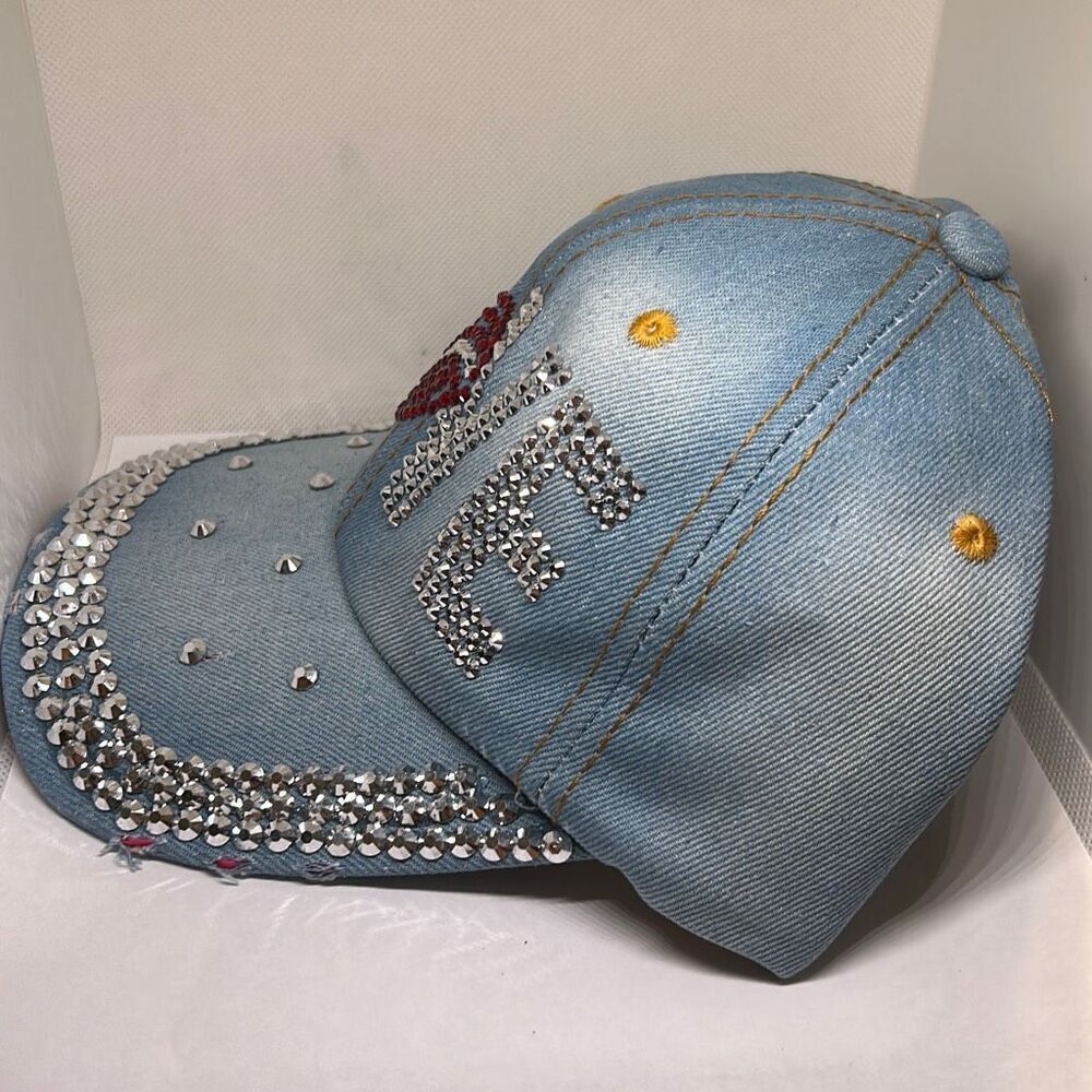 Distressed Denim Rhinestone LOVE Baseball Cap - Picture 2 of 4